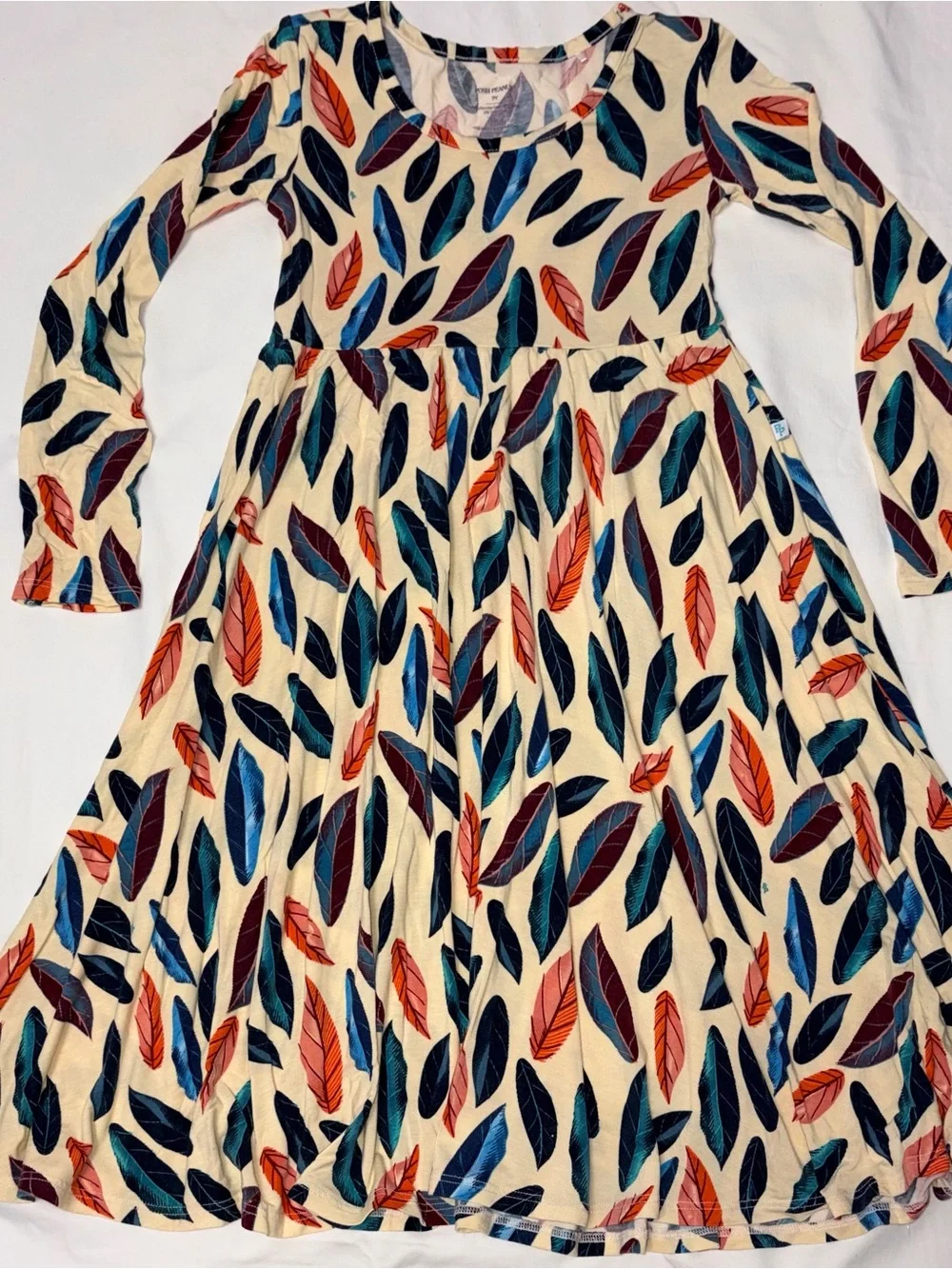 Posh Peanut Bamboo Feather Print Long Sleeve Twirl Dress Girls Sz 7 EUC